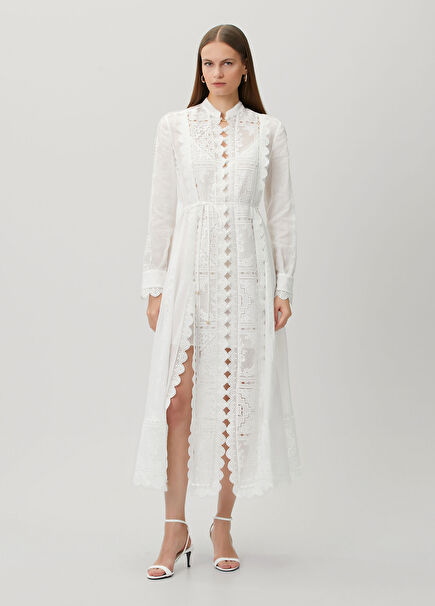 Lining White Lace Textured Midi Dress