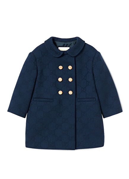 Blue Logo Jacquard Girls Double-Breasted Wool Coat