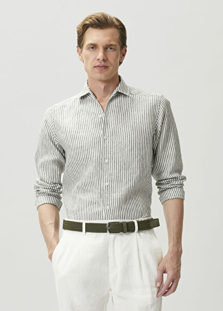 Dark Green Striped Linen Shirt