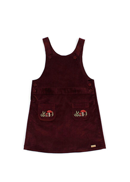 Bordo Mantar Nakışlı Pamuklu Kadife Kız Çocuk Jile Elbise