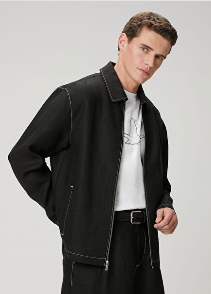 Black White Stitching Linen Outer Shirt