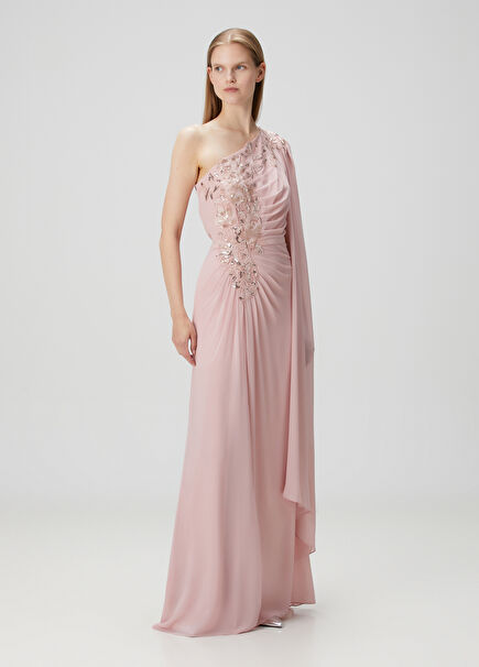 Sonora Pudra İşlemeli Maksi Abiye Elbise