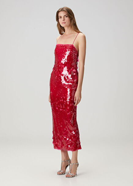 Alana Koyu Pembe Payetli Midi Kokteyl Elbise