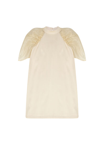 Miss Chic Ecru Organza Sleeves Stand-Up Neckline Girls' Dress