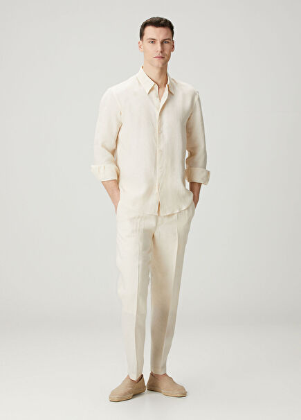 Fit Steve Ekru Keten Pantolon