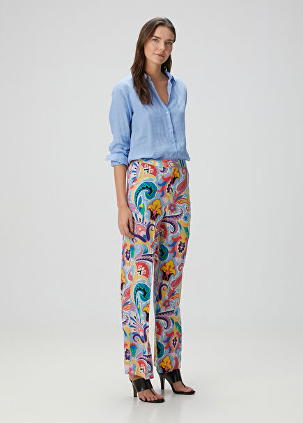 Blue Paisley Patterned Silk Trousers