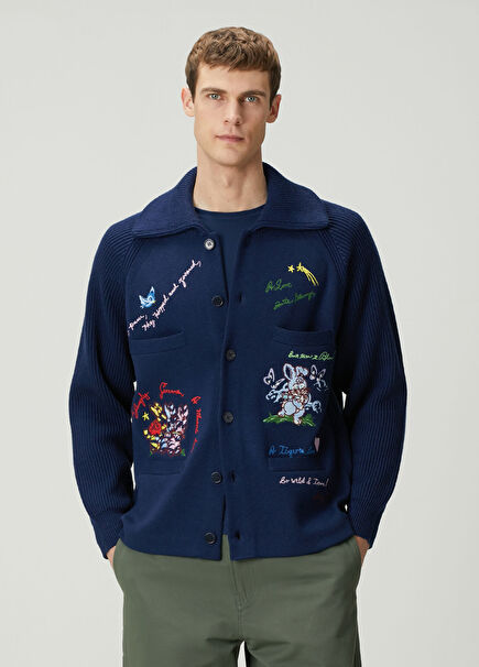 Cartoon Navy Blue Embroidery Detail Wool Cardigan