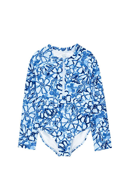 Mavi Desenli Kız Çocuk Güneş Koruyucu Mayo