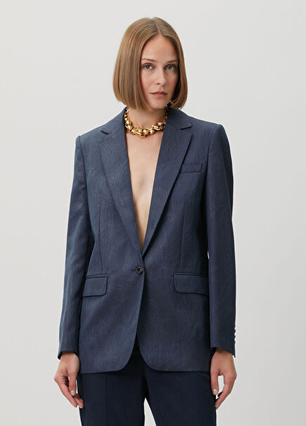 Lacivert Şal Desenli Yün Blazer