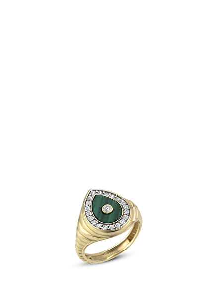 Drop Malakit Pırlanta Taşlı 14 Ayar Sarı Altın Kadın Serçe Parmak Yüzük