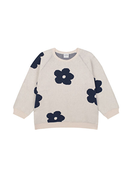 Navy Blue Floral Patterned Knitwear Girls' Sweater