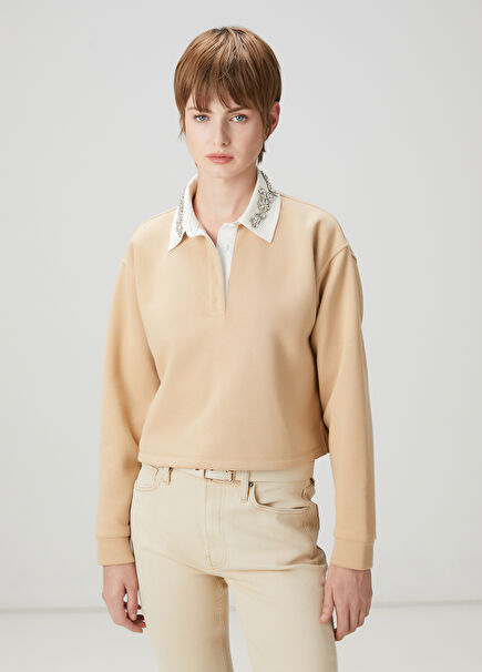 Beige Stone Detailed Sweatshirt