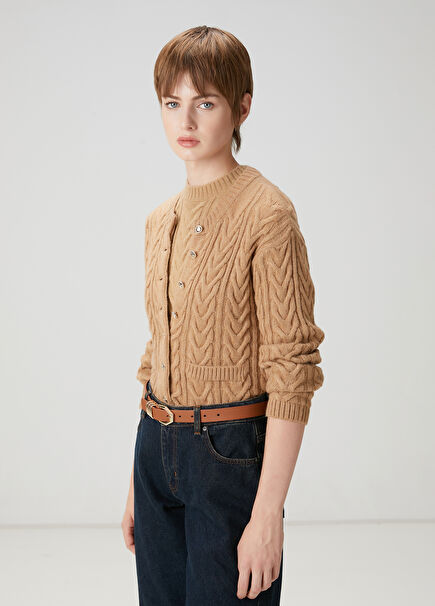 Beige Herringbone Patterned Cardigan