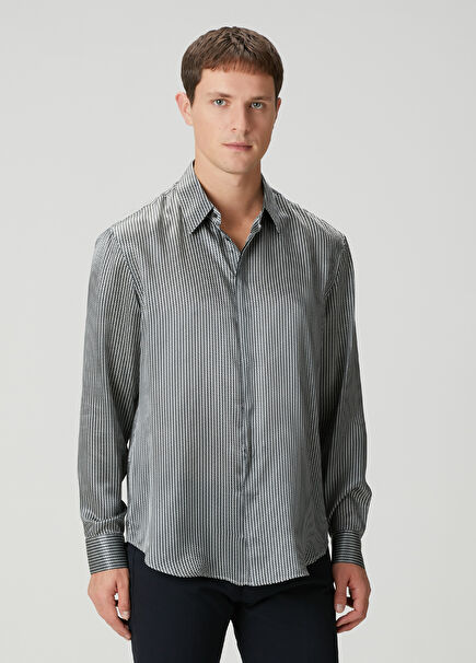 Gri Mikro Desenli İpek Gömlek