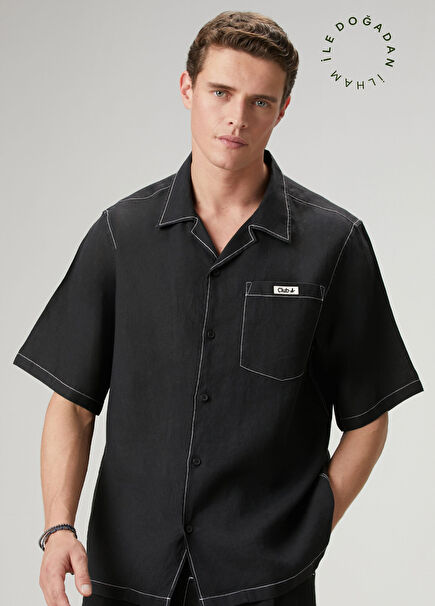 Siyah Oversize Fit Kısa Kollu Keten Gömlek