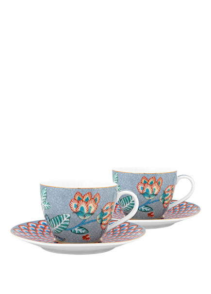 Flower Festival Blue Patterned Porcelain Set of 2 Coffee Cups and Saucers