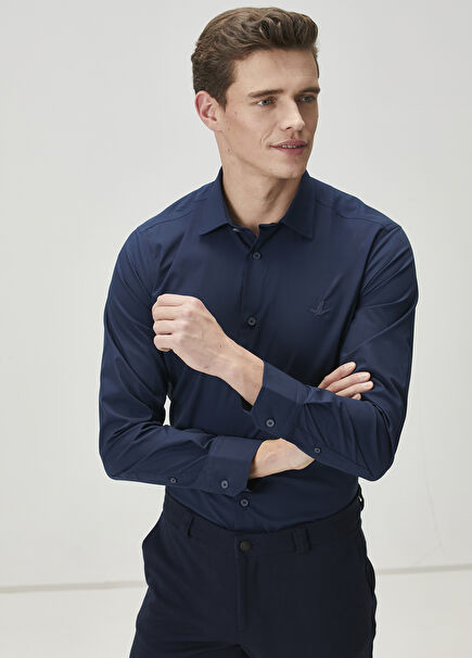 Slim Fit Lacivert Non-Iron Poplin Gömlek