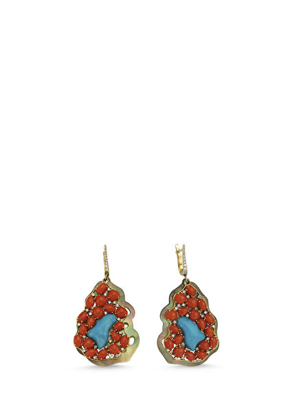 Diamond Turquoise and Coral Detailed 14K Gold Women's Earrings
