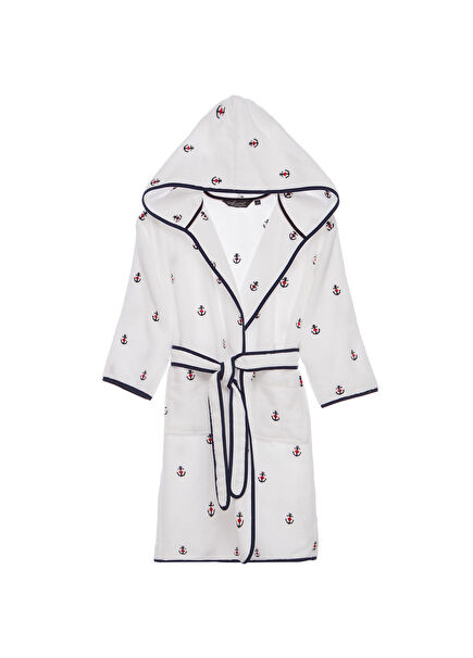 Marine Beyaz Lacivert Pamuklu Kız Çocuk Bornoz