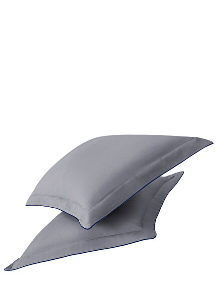 Navy Blue Piping Gray Cotton Satin Oxford Set of 2 Pillowcases 50 x 70 cm