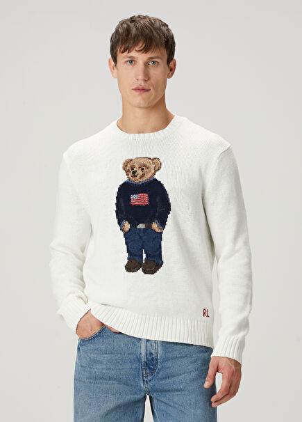 White Teddy Bear Jacquard Sweater