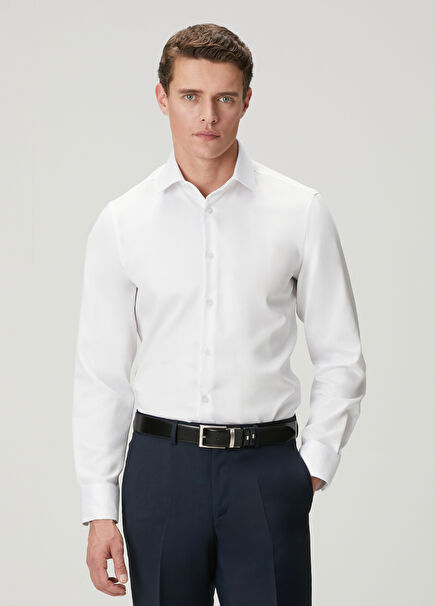 Slim Fit Beyaz Armürlü Non-iron Gömlek