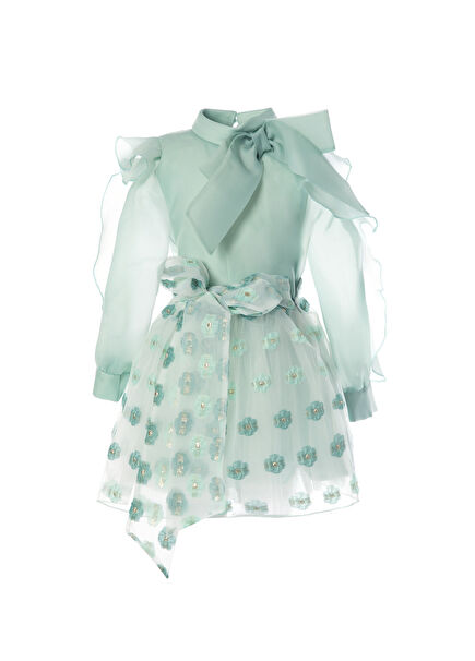 Su Yeşili Jakar Çiçekli Etek ve Bluz Kız Çocuk 2'li Set 