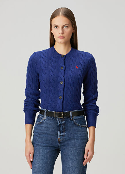 Lacivert Saç Örgü Yün Hırka