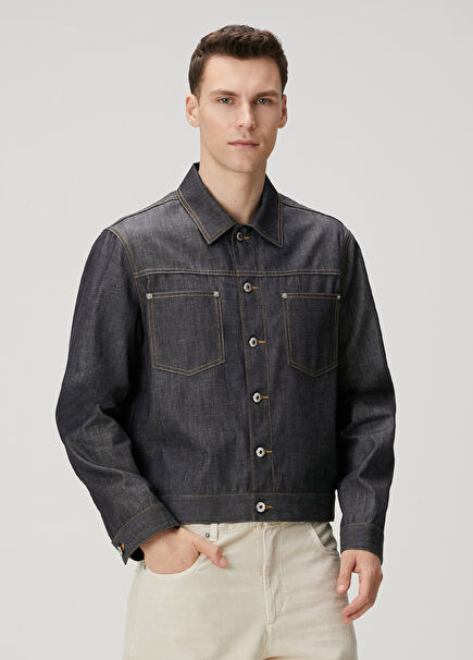 Navy Blue Contrast Stitched Denim Coat