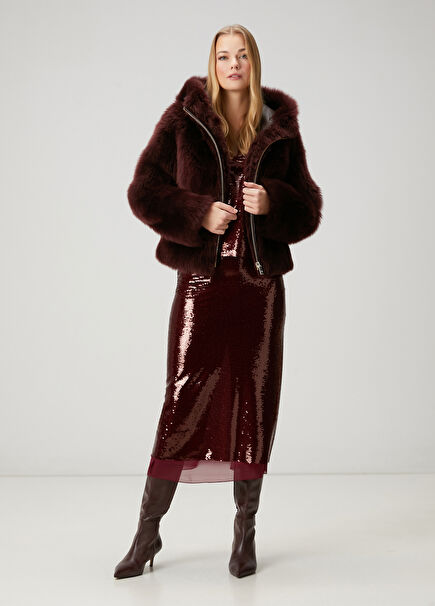 Bordo Payetli Midi Abiye Etek