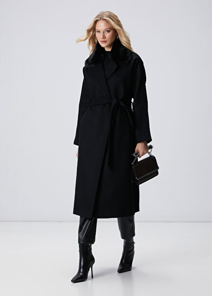 Siyah Kaşmir ve Yün Karışımlı Manto