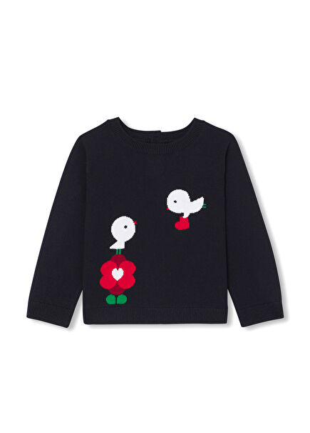 Lacivert Motifli Intarsia Örgü Kız Bebek Kazak