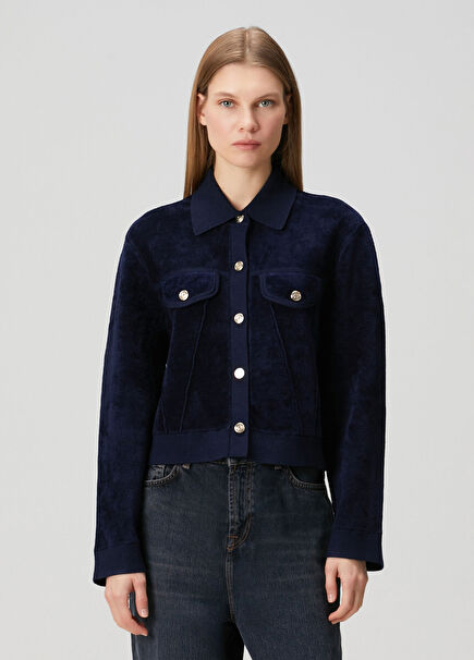Lacivert Crop Kadife Ceket