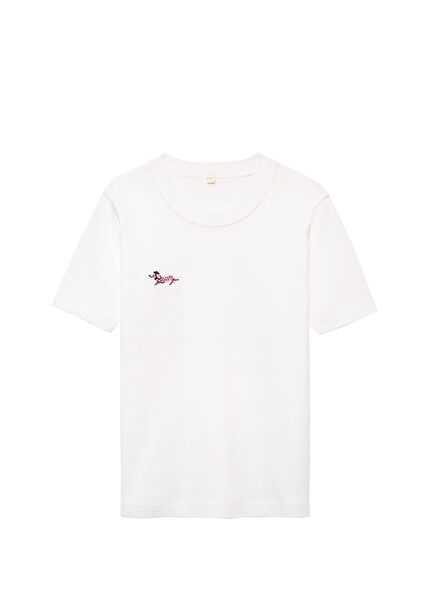 Sign Stitch Pembe Nakış Detaylı Beyaz Kısa Kollu Unisex Çocuk T-shirt