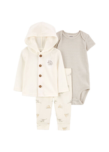 Gri Beyaz Unisex Bebek 3'lü Hırkalı Set
