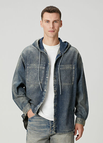 Indigo Kapüşonlu Denim Gömlek
