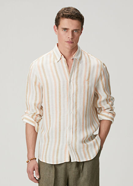 Comfort Fit White Salmon Stripe Print Linen Shirt