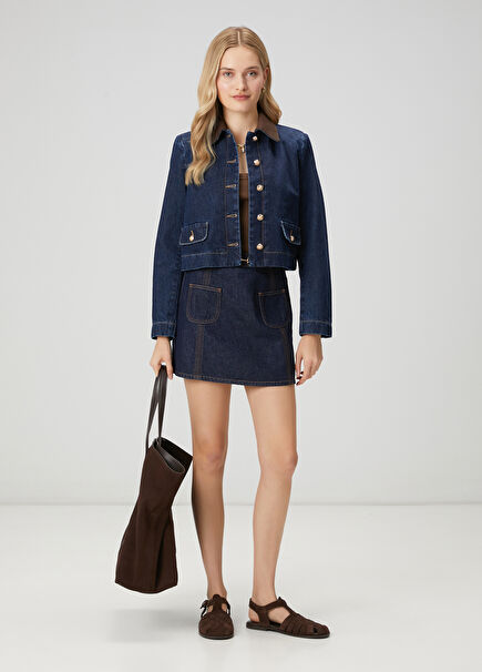 Indigo Belt Detailed Mini Denim Skirt