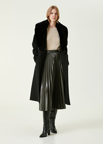 Haki Piliseli Maksi Suni Deri Etek