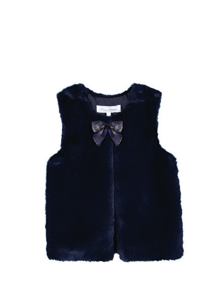 Navy Blue Bow Detailed Girls' Plush Vest