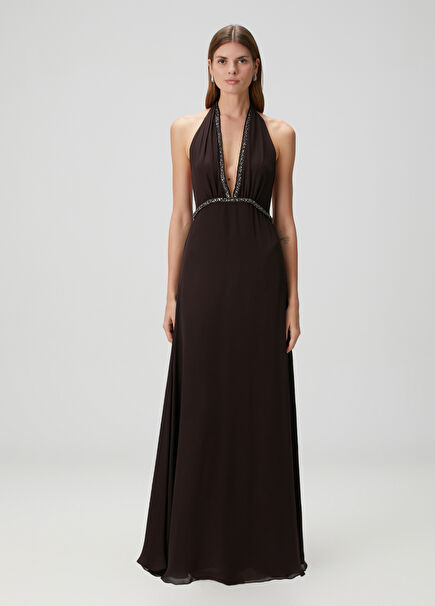 Koyu Kahverengi Taş İşlemeli Midi İpek Elbise