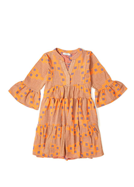 Turuncu Bej Desenli Kız Çocuk Elbise