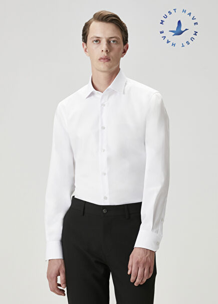 Slim Fit Beyaz Non-iron Oxford Gömlek
