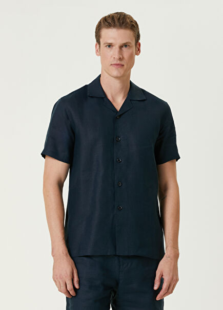Navy Blue Short Sleeve Linen Shirt