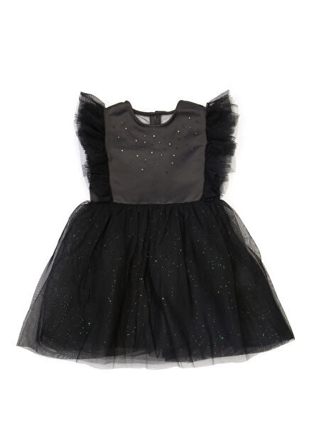 Koyu Gri Fırfırlı Taşlı Kız Çocuk Elbise