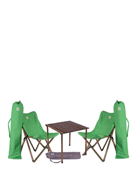 Antrasit Yeşil Katlanır Ahşap Kamp Masa ve Sandalye Seti 60x60x55 cm