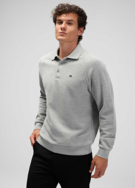 Gri Polo Yaka Uzun Kollu Erkek Sweatshirt EM633-GR