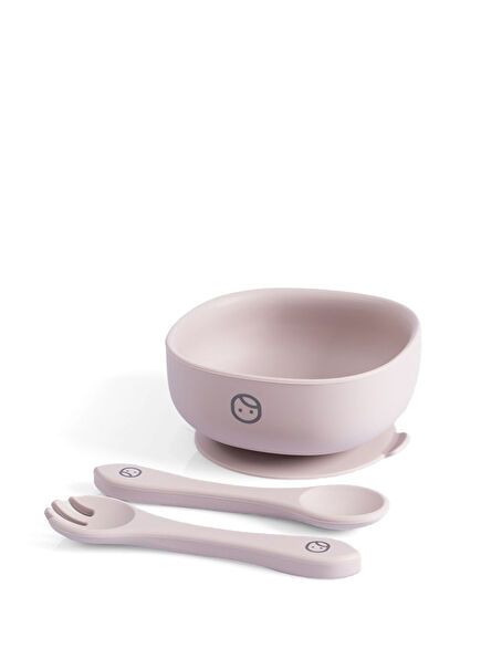 Pembe Silikon Vakumlu Bebek Çocuk Mama Tabağı ve Çatal Kaşık Seti