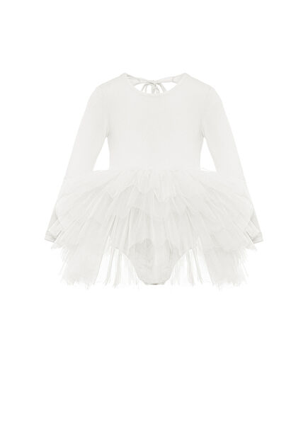 Beyaz Sırtı Açık Tütülü Kız Çocuk Elbise