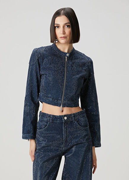 Lacivert Taşlı Denim Mont